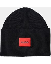 HUGO - Xaff 6 Knitted Beanie Hat With Ribbing And Logo Label - Lyst