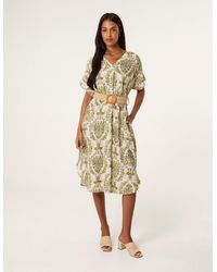 Blue Vanilla - Printed V Neck Dress With Woven Belt - Lyst
