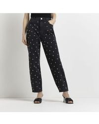 River Island - Tapered Jeans Embellished High Waisted Cotton - Lyst