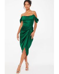 Quiz - Petite Green Satin Ruched Cold Shoulder Midi Dress - Lyst
