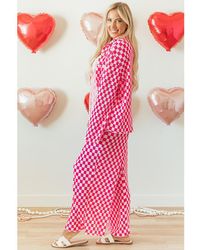 Azura Exchange - Roze Geruite Overhemd Met Knopen En Hoge Taille Broek Pyjama Set - Lyst