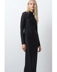 French Connection - Diamante High Neck Wrap Over Long Sleeve Jersey Midi Dress - Lyst