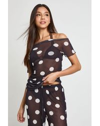 Boohoo - Polka Dot Mesh Asym Beach Top - Lyst