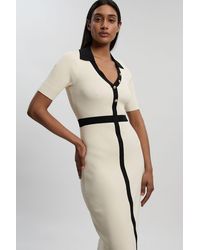 Karen Millen - Knit Rib With Contrast Waist Detail Collared Short Sleeve Midi Dress - Lyst