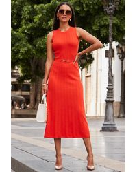 Sosandar - Bright Ribbed Midi Dress With Luxe Waist Detail - Lyst