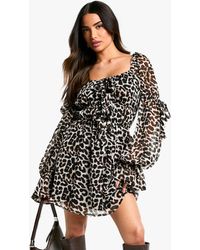 Boohoo - Petite Leopard Chiffon Ruffle Mini Dress - Lyst