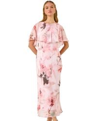 Roman - Floral Frill Chiffon Cape Midi Dress - Lyst