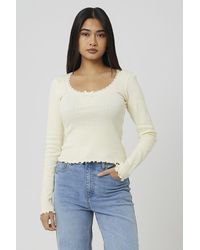 Brave Soul - Long Sleeve Pointelle Top With Lace Trim And Bow - Lyst