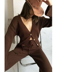 Hiccup - 2 Pieces: V Neck Knitted Buttoned Cardigan & High Waist Drawstring Straight Leg Trousers - Lyst