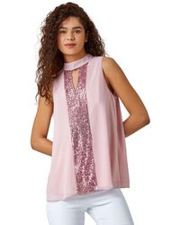 Roman - Sleeveless High Neck Sequin Chiffon Top - Lyst