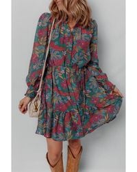 Azura Exchange - Blumendruck Mini-Kleid Mit Langen Ärmeln Und Bindegürtel - Lyst