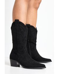 Boohoo - Faux Suede Calf High Embroidered Western Boots - Lyst