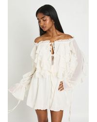 Boohoo - Bardot Ruffle Detail Textured Chiffon Playsuit - Lyst