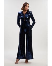 Karen Millen - Sequin Power Mesh Lace Up Detail Long Sleeve Jumpsuit - Lyst