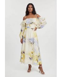 Karen Millen - Petite Floral Off The Shoulder Shirred Woven Maxi Dress Lyocell - Lyst