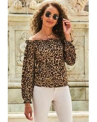 Sosandar - Leopard Print Ruffle Detail Bardot Top - Lyst