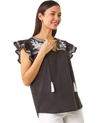 Roman - Embroidered Tie Front Top - Lyst