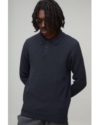 BoohooMAN - Regular Fit Button Neck Waffle Long Sleeve Knitted Polo - Lyst