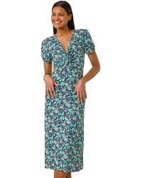 Roman - Floral Front Twist Stretch Midi Dress - Lyst