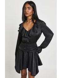 Boohoo - Textured Satin Ruffle Detail Mini Dress - Lyst