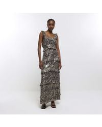 River Island - Ruffle Maxi Dress Brown Leopard Print - Lyst