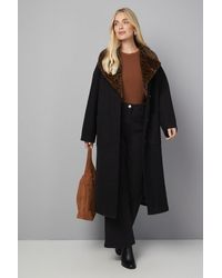 Wallis - Petite Leopard Faux Fur Collar Coat - Lyst
