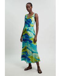 Karen Millen - Aqua Abstract Twist Shoulder Satin Viscose Midi Dress - Lyst