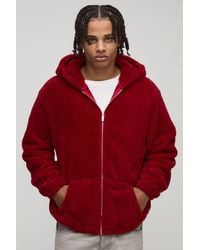 BoohooMAN - Regular Fit Fluffy Borg Embroidered Zip Through Hoodie - Lyst