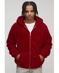 BoohooMAN - Regular Fit Fluffy Borg Embroidered Zip Through Hoodie - Lyst