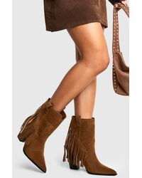 Boohoo - Wide Fit Faux Suede Fringe Tassel Detail Heeled Western Ankle Boot - Lyst