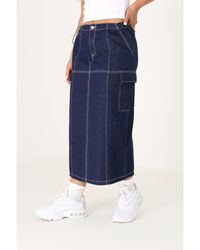 Brave Soul - Indigo 'fallon' Denim Midi Skirt With Utility Pockets And Contrat Seams - Lyst