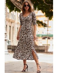 Sosandar - Leopard Print Shirred Cuff Fit & Flare Midi Jersey Dress - Lyst