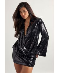 Boohoo - Sequin Draped Flare Sleeve Shirt Dress - Lyst