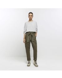River Island - Cargo Trousers Khaki Belted Paperbag Cotton - Lyst