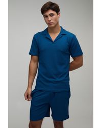 BoohooMAN - Jersey Textured Ribbed Slim Fit Polo & Relaxed Short Set - Lyst