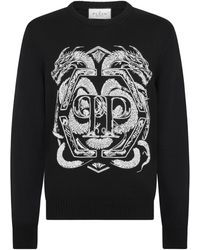 Philipp Plein - Embroidered Merino Wool Round Neck Pullover Hexagon Dragon - Lyst