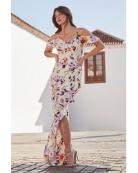 Sosandar - Ivory Floral Print Ruffle Detail Cold Shoulder Maxi Dress - Lyst