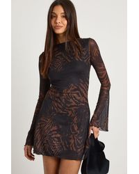 Boohoo - Animal Printed Mesh Flare Sleeve Mini Dress - Lyst