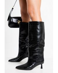 Boohoo - Croc Low Stiletto Column Boots - Lyst