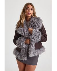 Boohoo - Faux Fur Trim Suede Look Coat - Lyst