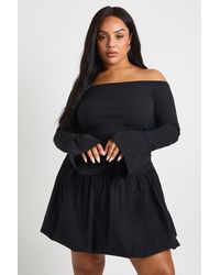 Boohoo - Plus Puff Ball Flared Sleeve Bardot Mini Dress - Lyst
