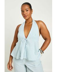 Boohoo - Plus Halter Tie Front Stripe Peplum Top - Lyst