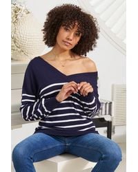 Sosandar - Stripe V Neck Fine Knit Jumper - Lyst