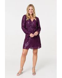 Izabel London - Sparkly Sequin Long Sleeve Mini Wrap Dress - Lyst