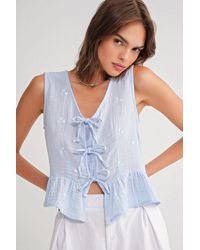 MixRay - Gestructureerde V-Hals Crop Blouse Met Strik - Lyst