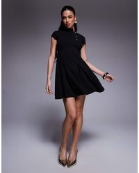 ASOS - High Neck Cap Sleeve With Button Detail Mini Dress - Lyst
