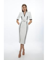 Karen Millen - Compact Stretch Contrast Tipped Forever Belted Tailored Midi Dress - Lyst