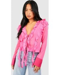 Boohoo - Petite Ruffle Detail Tie Front Top - Lyst