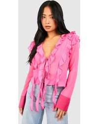 Boohoo - Petite Ruffle Detail Tie Front Top - Lyst