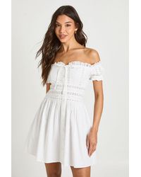 Boohoo - Lace Insert Bardot Mini Dress - Lyst